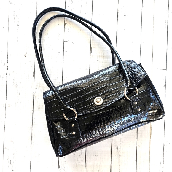 XOXO Handbags - XOXO Luxury Black Faux Leather Croc Embossed Textured Purse Shoulder Bag Silver